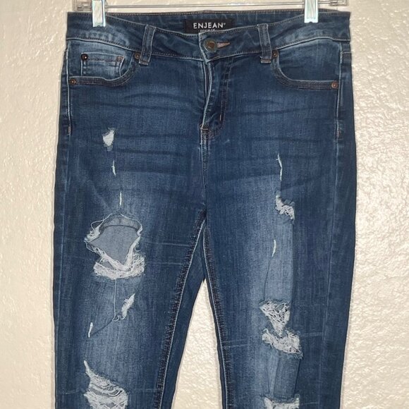 Enjean Women Size 7/28 High Rise Destructed Skinny Jeans Dark Wash Comfort - Picture 4 of 16